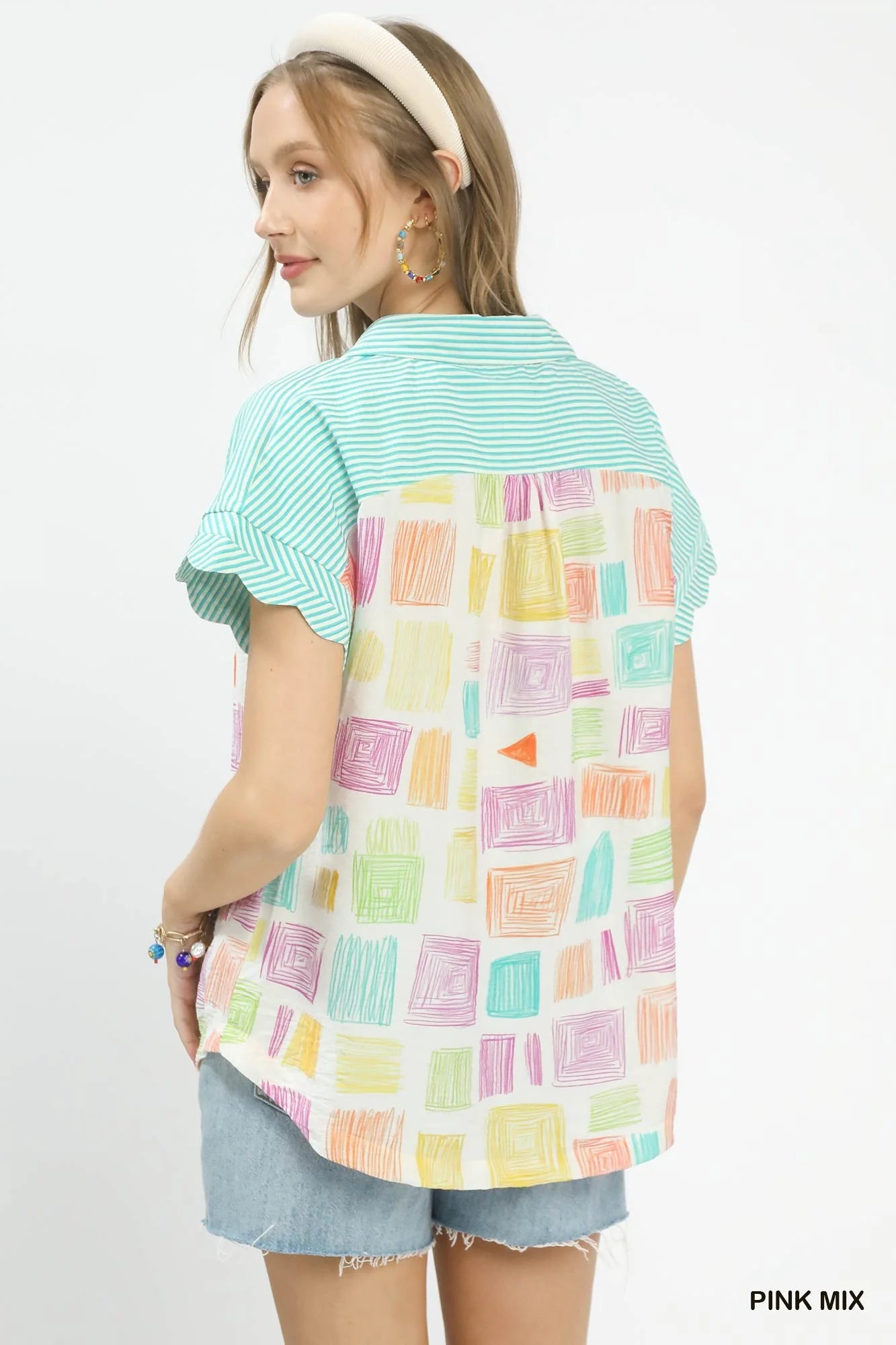 Umgee Mixed Media Print Button Front Collared Top
