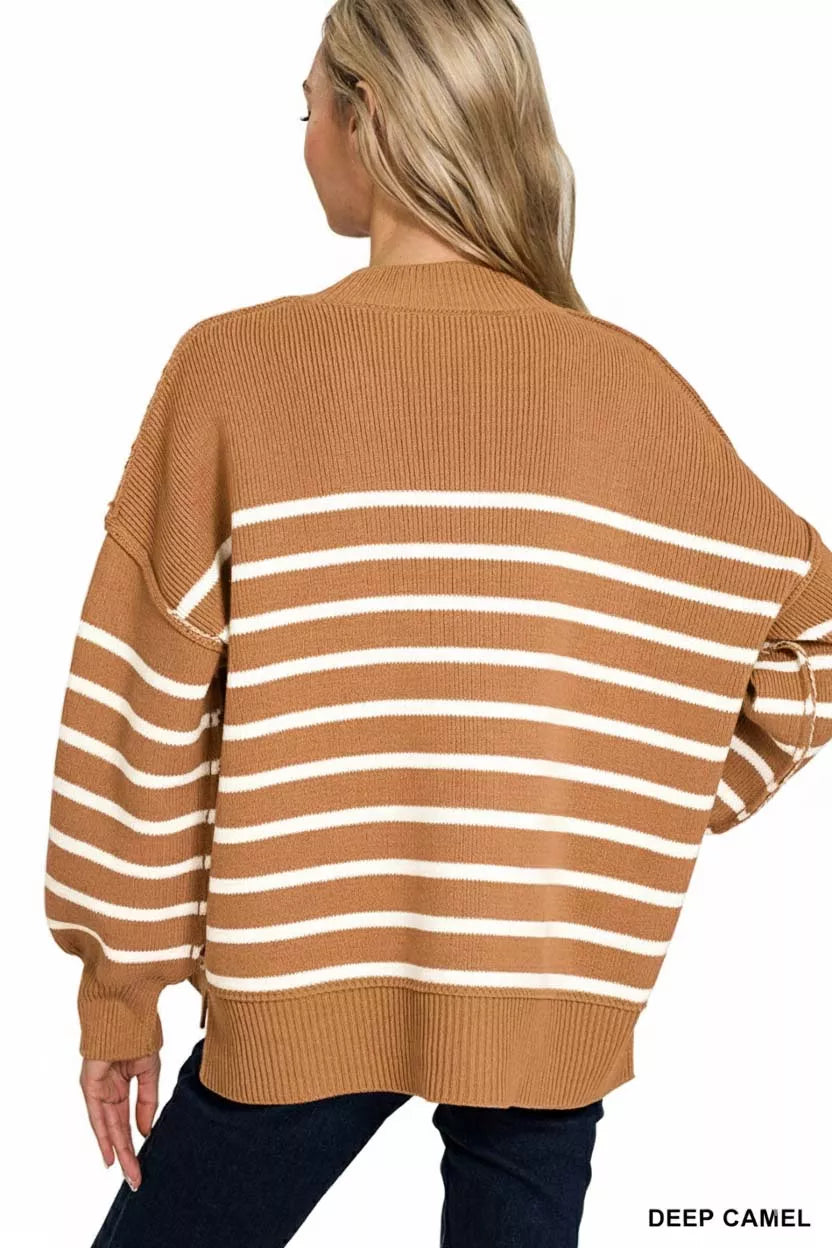 Zenana Exposed Seam Striped Oversized Sweater