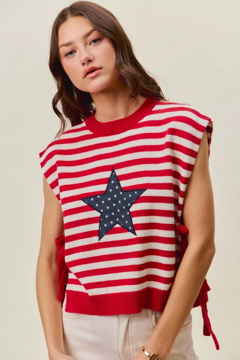 SO ME Stripe Star Patch 4th Of July Side Tie Vest Top