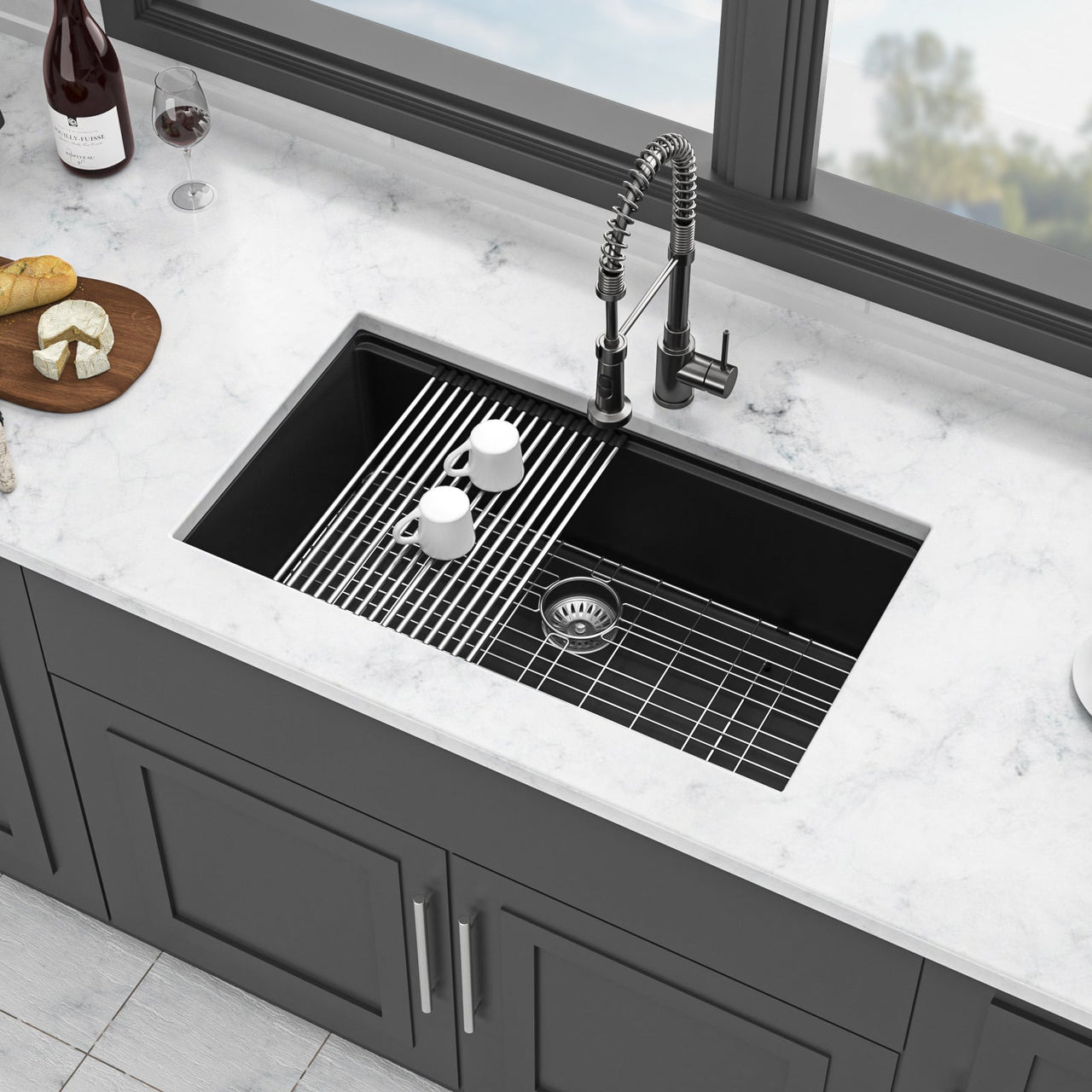Quartz Kitchen Sink - 30' x 19' Black Granite Composite Workstation Undermount Kitchen Sink