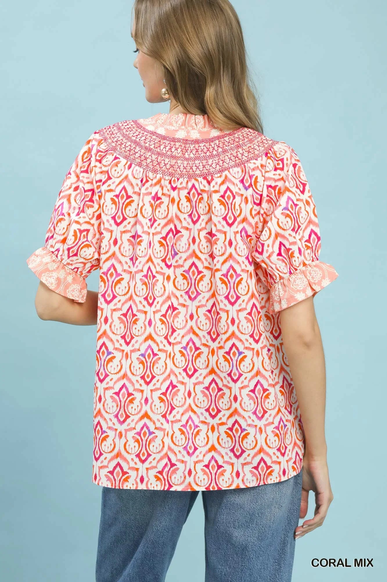 Umgee Mix Boho Puff Sleeve Smocked Top