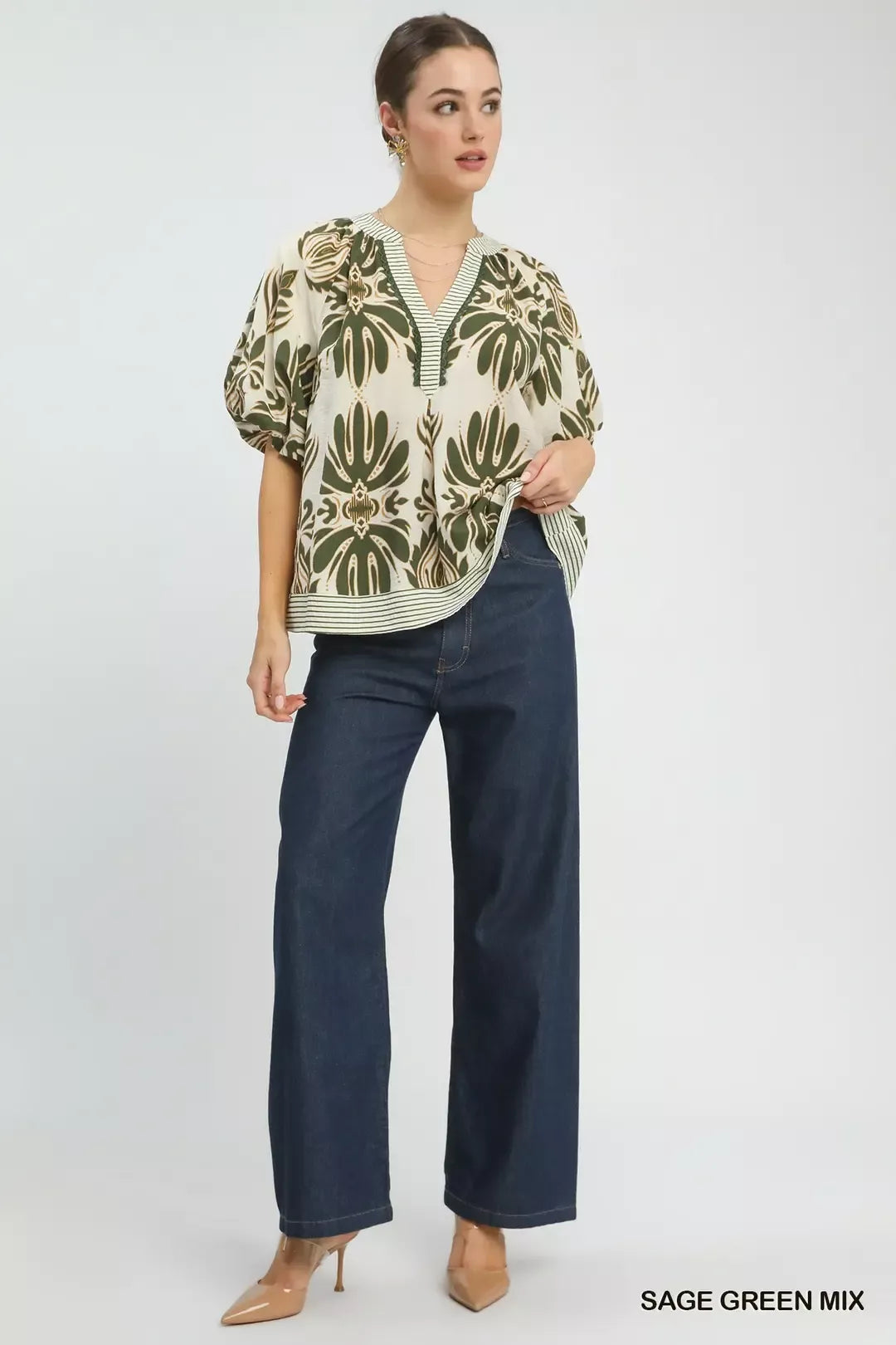 Umgee Mix Printed Puff Sleeve Top with Contrast Trim