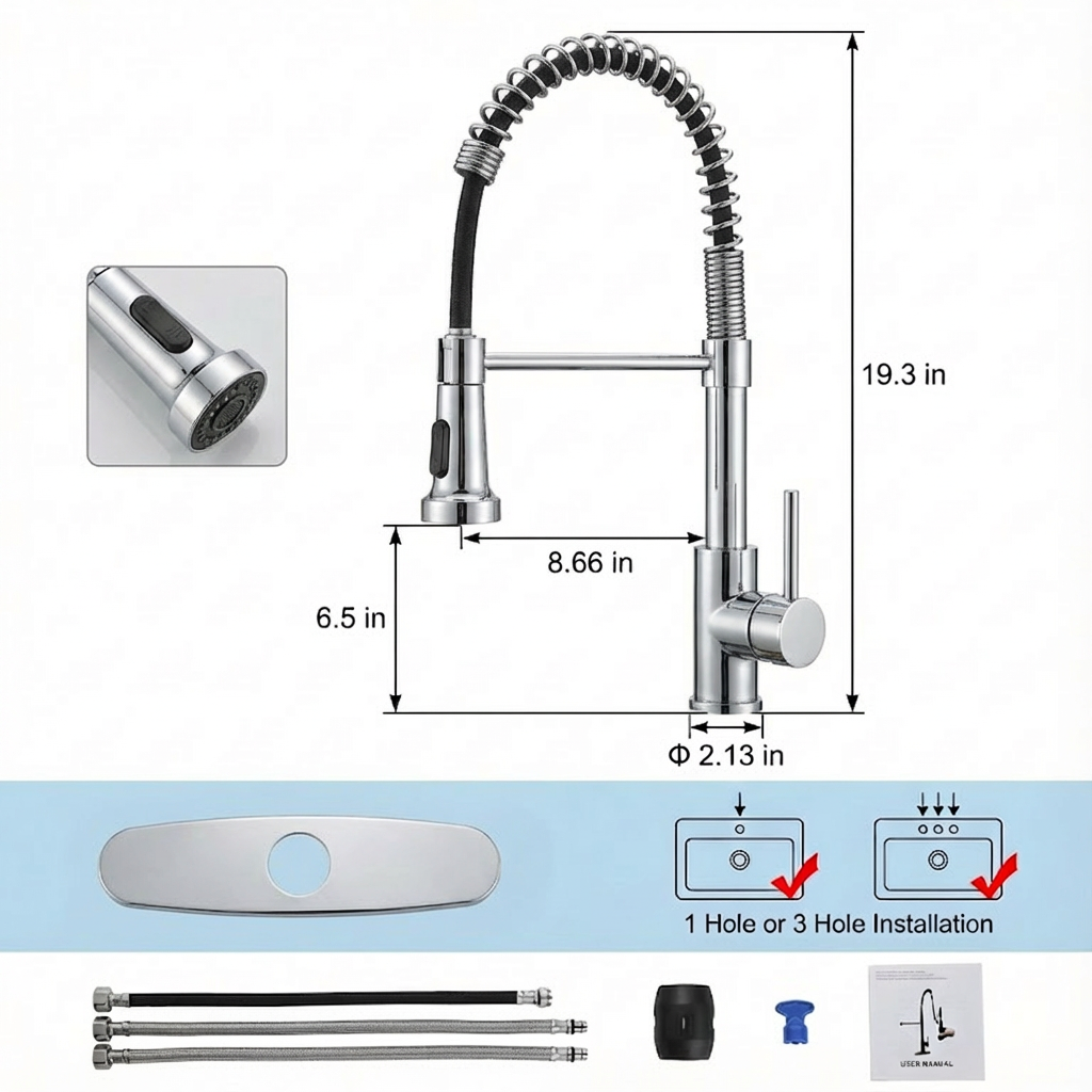 Kitchen Faucet with Pull Down Sprayer Industrial 1 Handle 1 Hole Or 3 Hole Faucet for Farmhouse Camper Laundry Utility Rv Wet Bar Sinks, Stainless Steel, Chrome