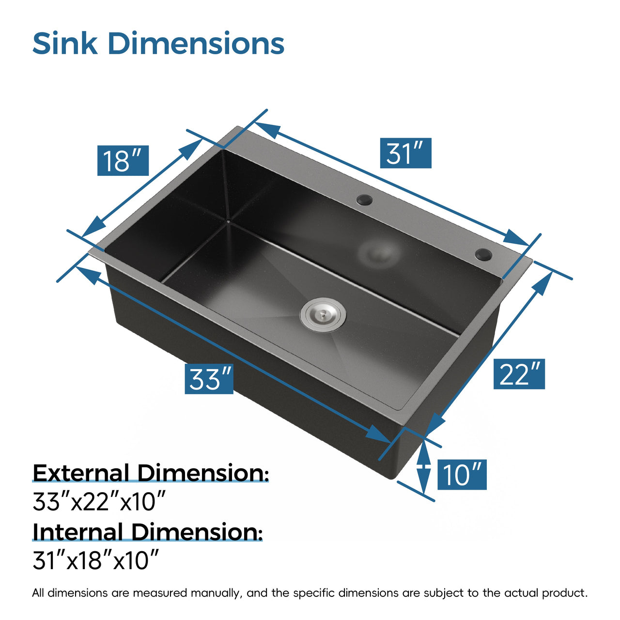 Stainless Steel Kitchen Sink, 33″x22″ Single Bowl, Overmount Handmade Sink in Black, with US Standard Drain and Hook
