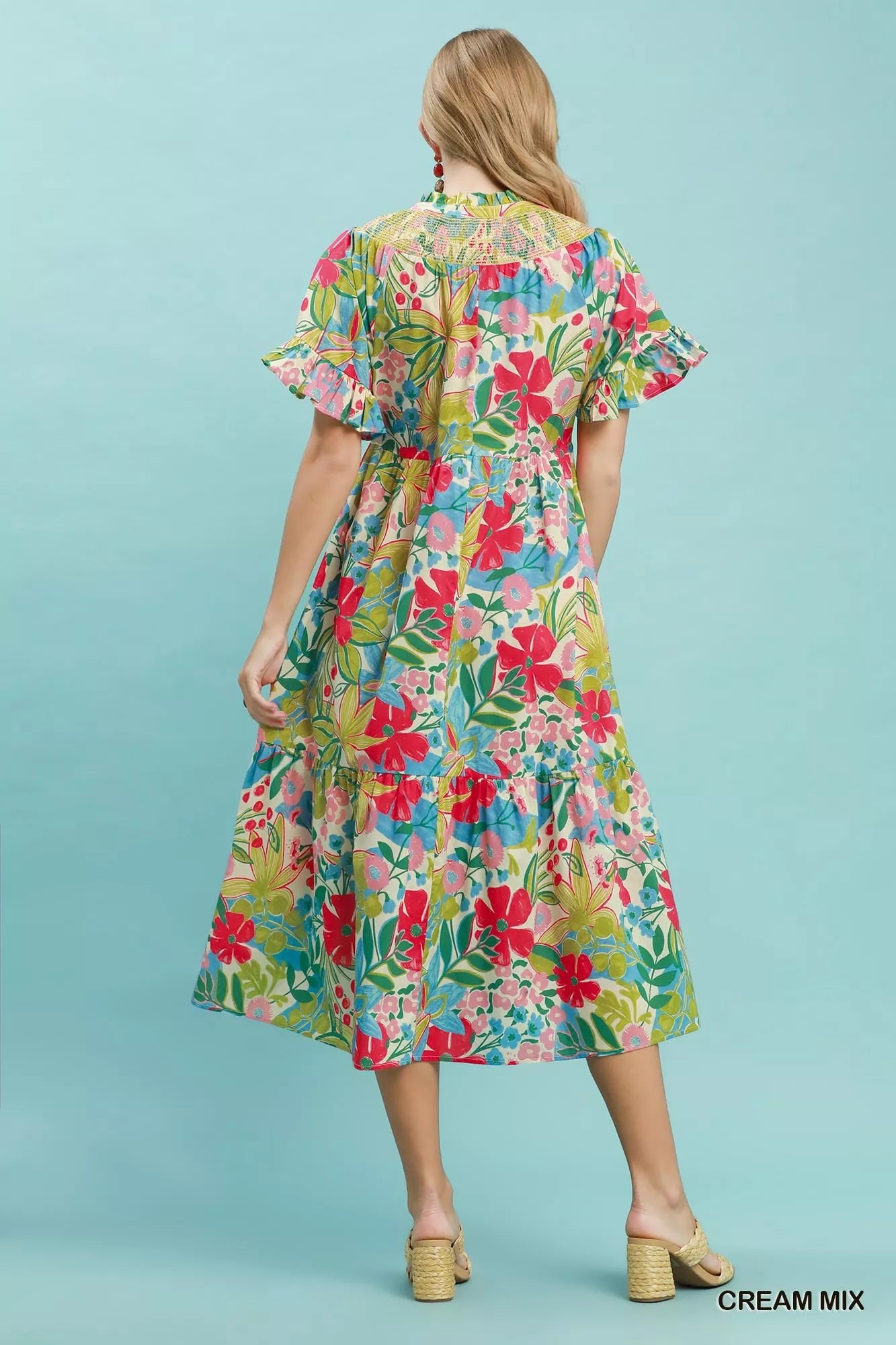 Umgee Tropical Floral Ruffle Sleeve Tiered Midi Dress