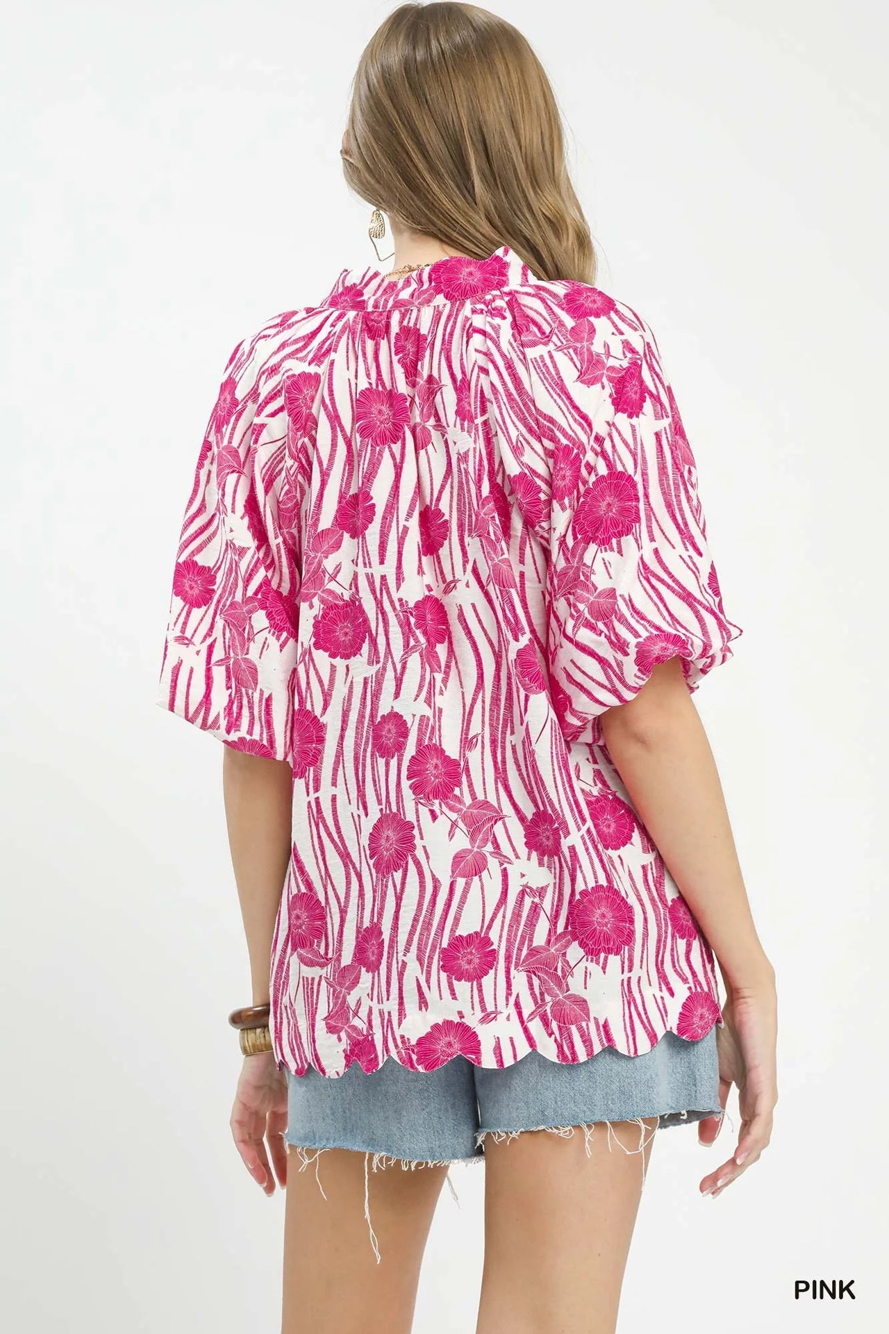 Umgee Floral Scalloped Edge Puff Sleeve Blouse with High-Low Curved Hem