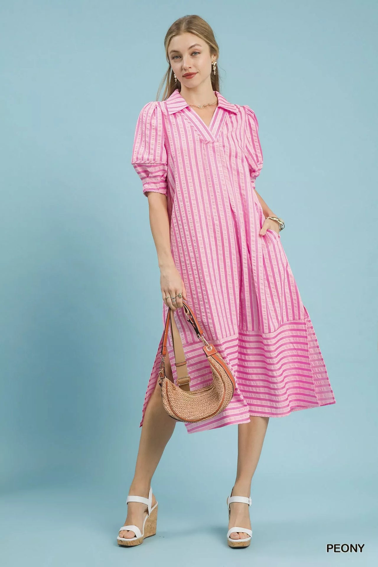 Umgee Striped Puff Sleeve Midi Dress