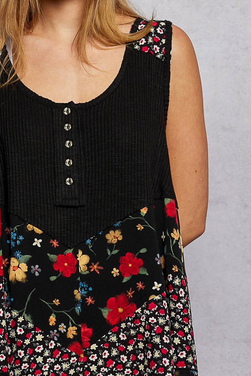 POL Round Neck Ribbed Tank with Woven Print Patch