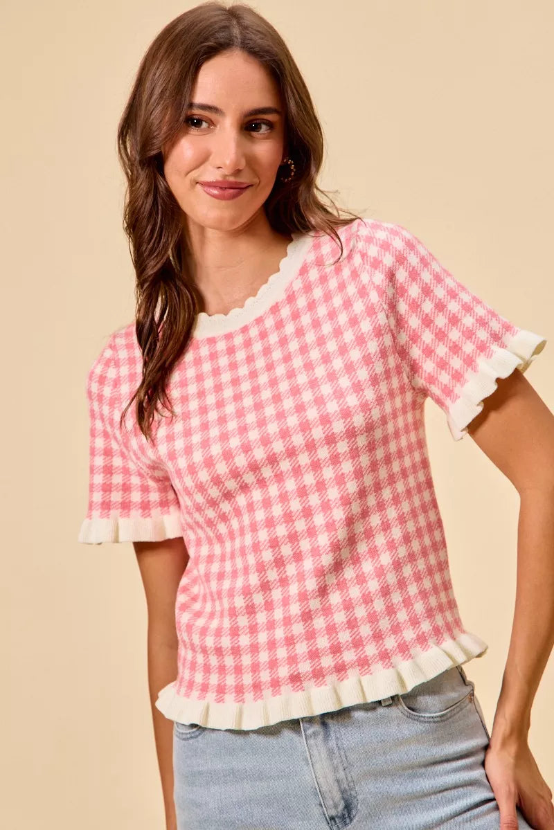 SO ME Gingham Knit Ruffled Short Sleeves Sweater Top