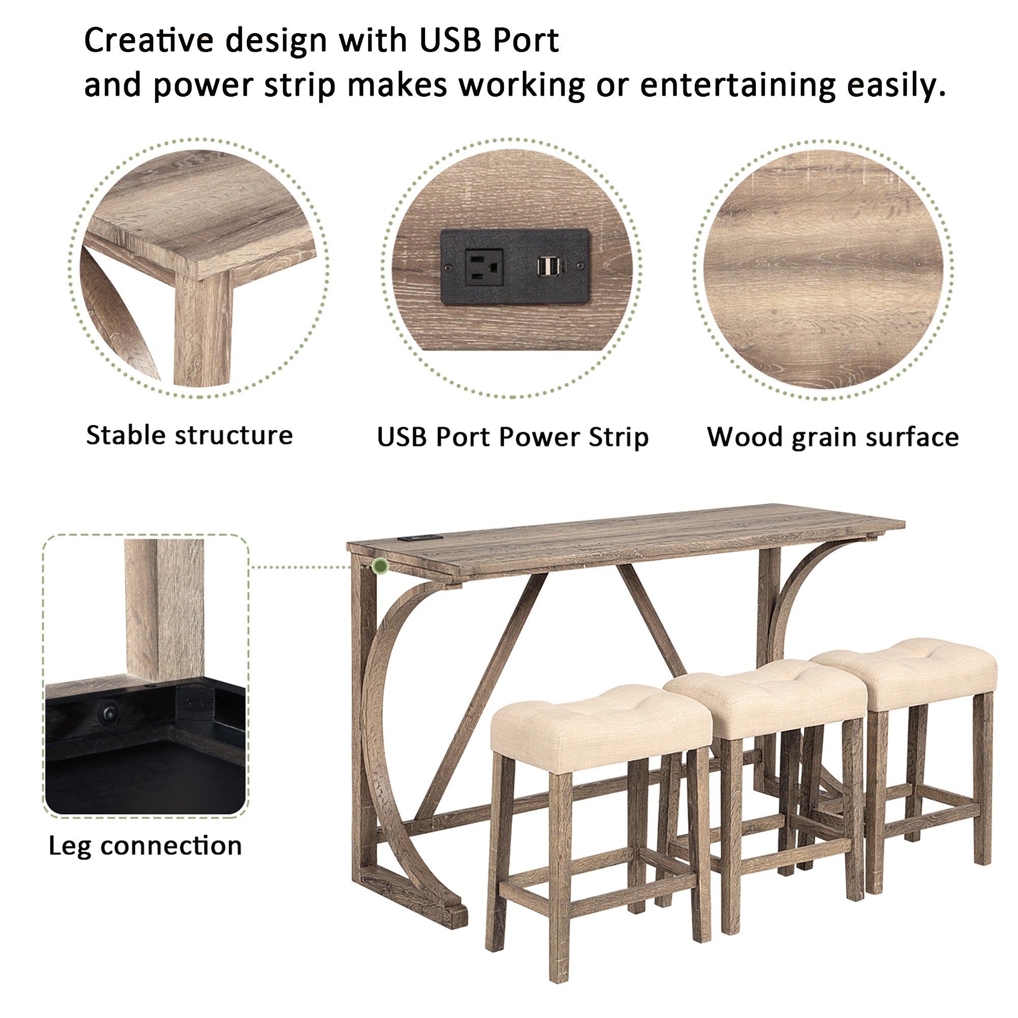 4-Piece Bar Table Set with Power Outlet, Dining Bar Table and Chairs Set, Bar Table Set with 3 Padded Stools for Living Room, Dining Room, Game Room, Brown