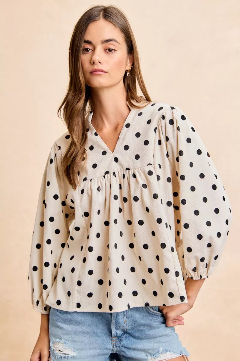 BiBi Polka Dot Corduroy Quarter Sleeves V Neck Blouse