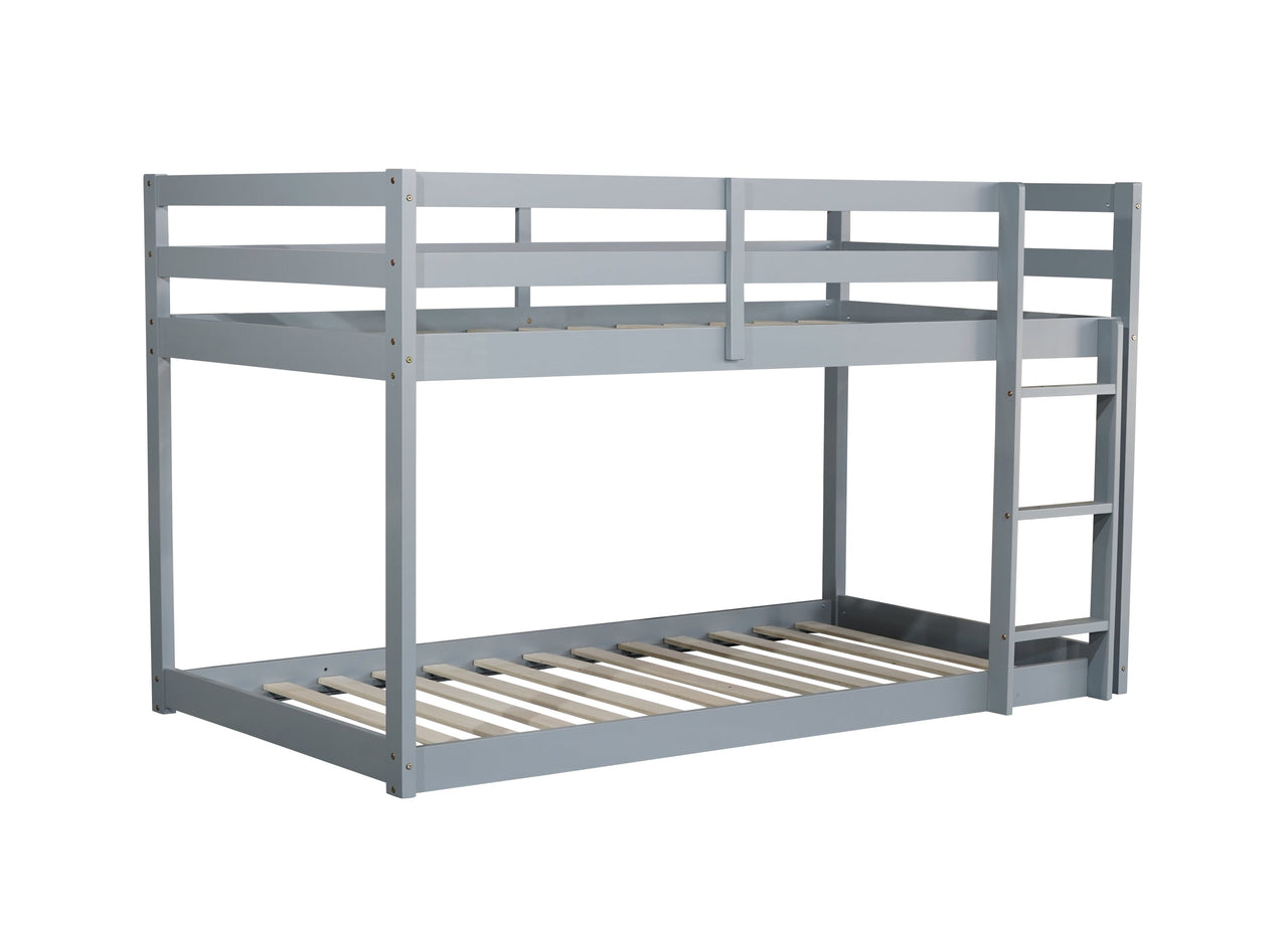 Solid Wooden , Solid Rubber Wooden Twin over Twin Floor Bunk Bed with Ladder ,Upper and Bottom Bed Platforms crafted with Strengthened Slats ,Grey