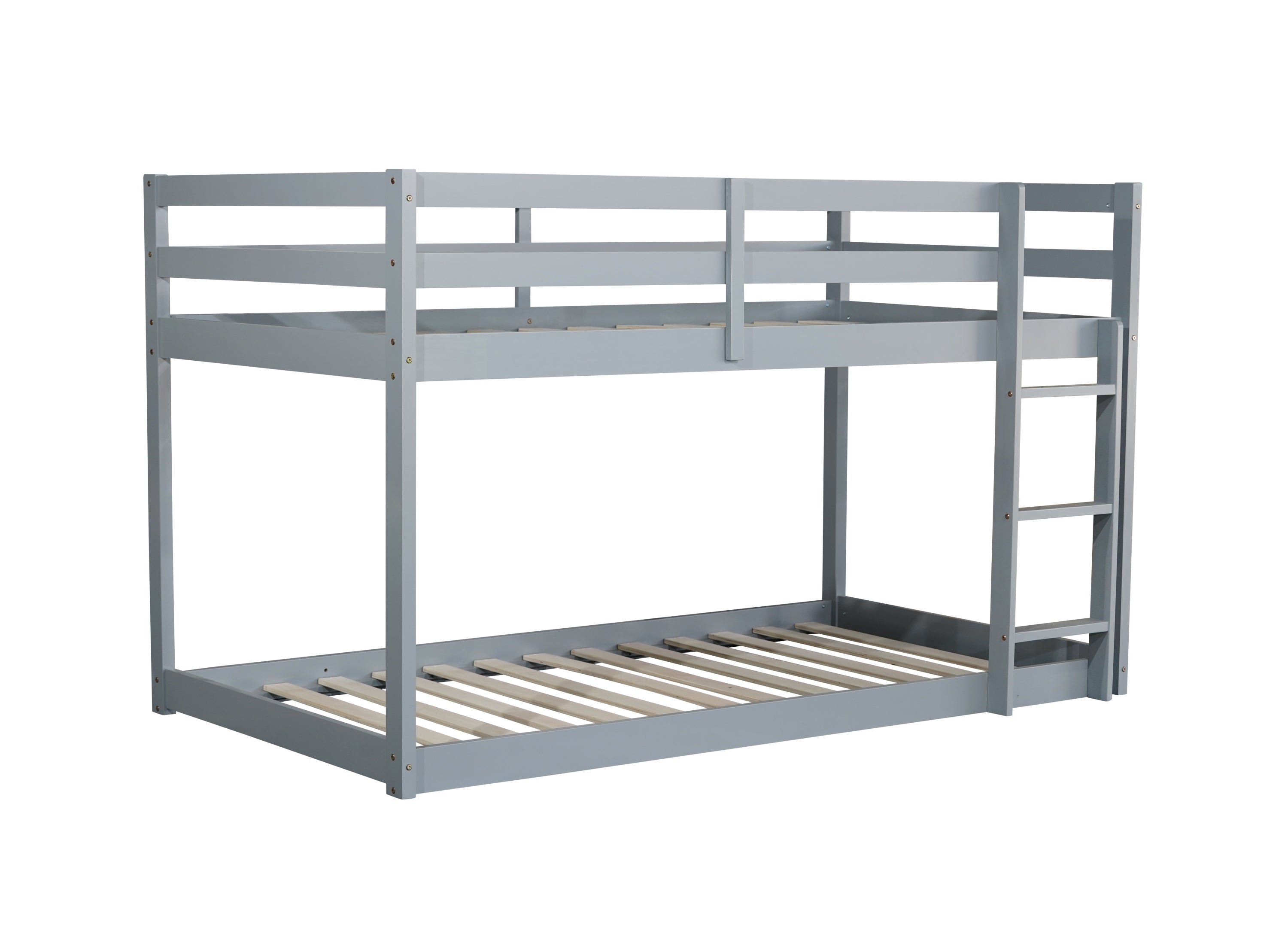Solid Wooden , Solid Rubber Wooden Twin over Twin Floor Bunk Bed with Ladder ,Upper and Bottom Bed Platforms crafted with Strengthened Slats ,Grey