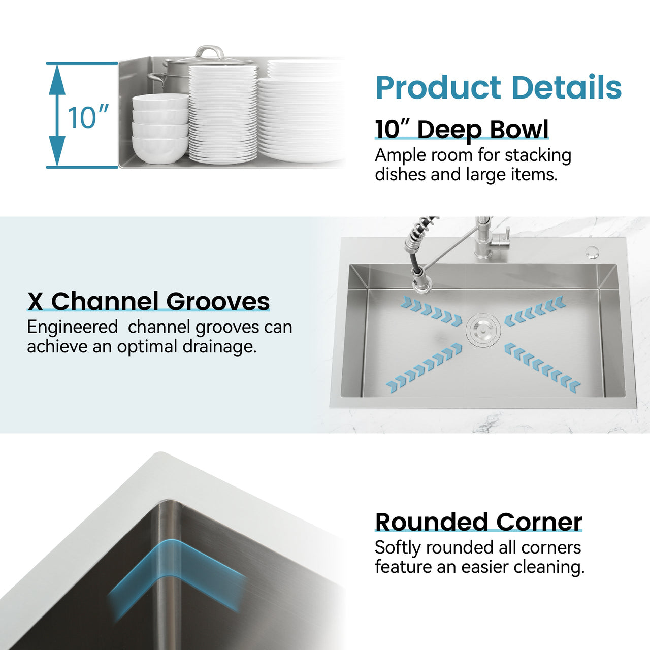 Stainless Steel Kitchen Sink, 23″x19″ Single Bowl, Overmount Handmade Sink in Dark Gray, with US Standard Drain and Hook