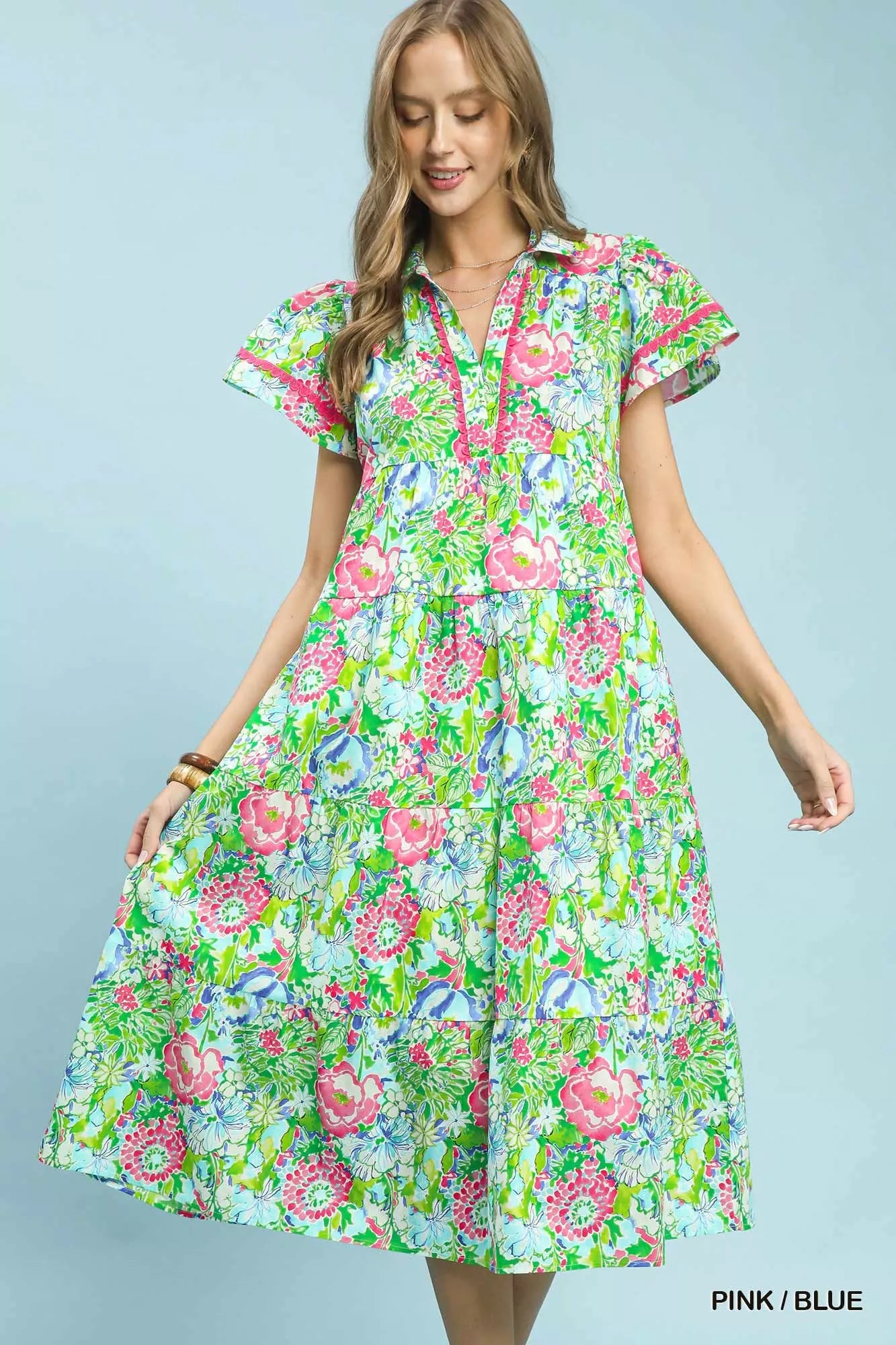 Umgee Bold Mixed Floral Tiered Midi Dress