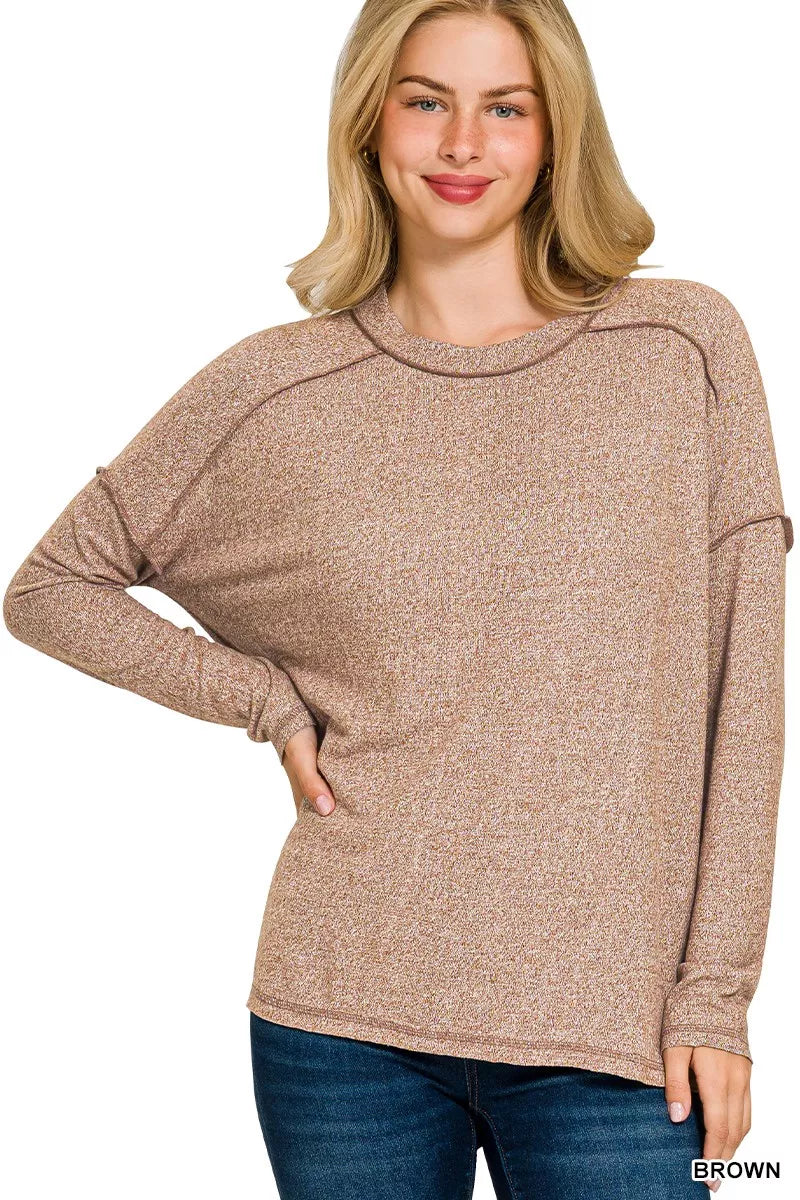 Zenana Full Size Melange Hacci Exposed Seam Hi-low Tee Plus Size