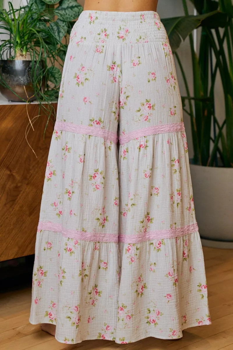 BiBi Rose Printed Gauze Trim Detail Smocked Maxi Pants