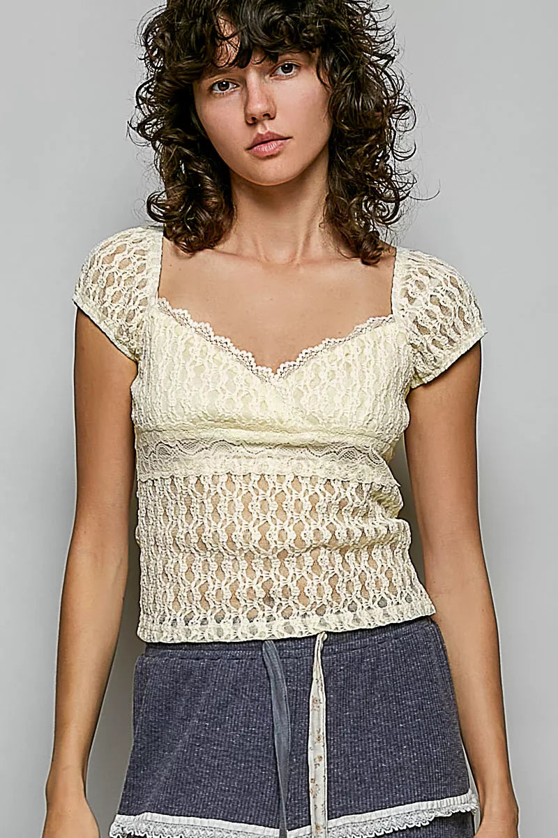 POL Sweetheart Neck Lace Short Sleeve Top