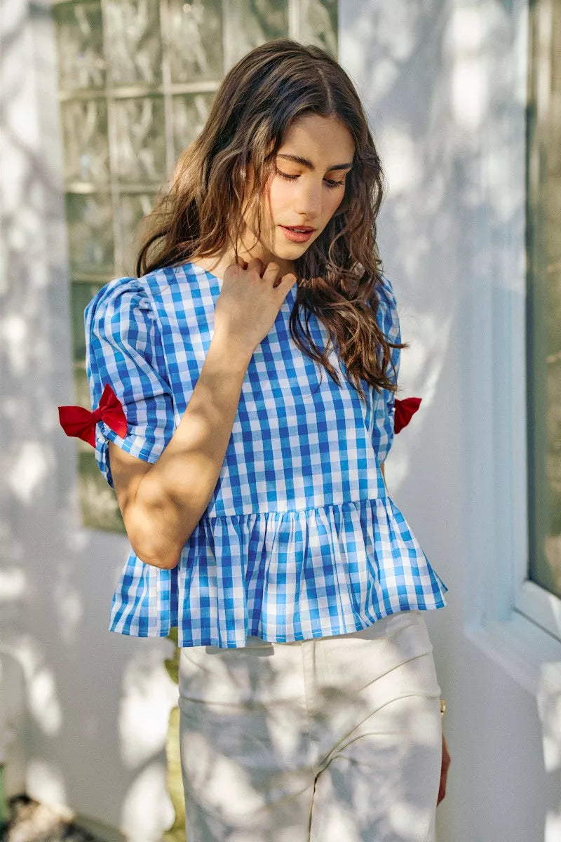 SO ME 4th Of July Gingham Ribbon Detail Short Sleeves Blouse