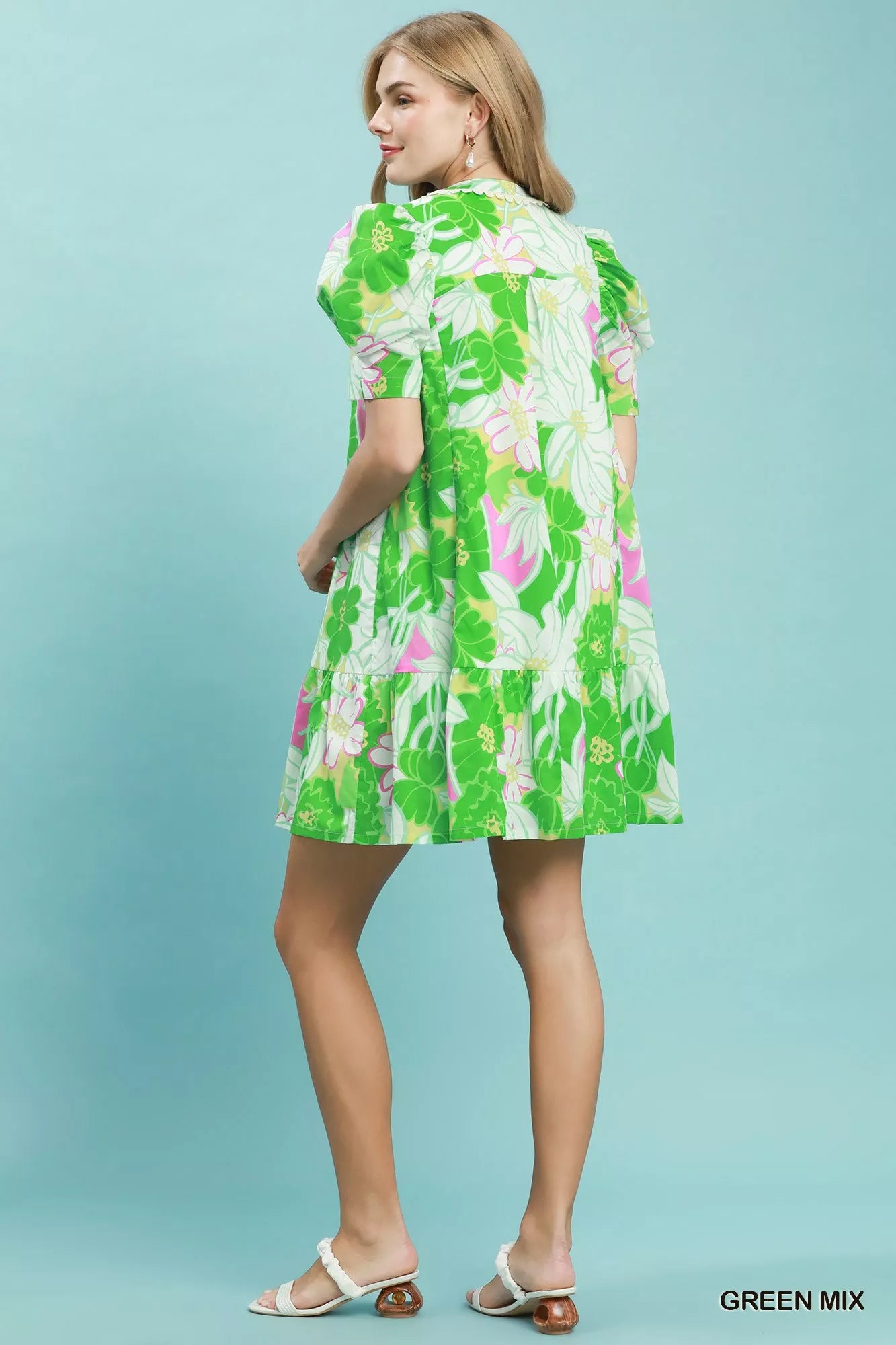 Umgee Floral Puff Sleeve Tiered Mini Dress