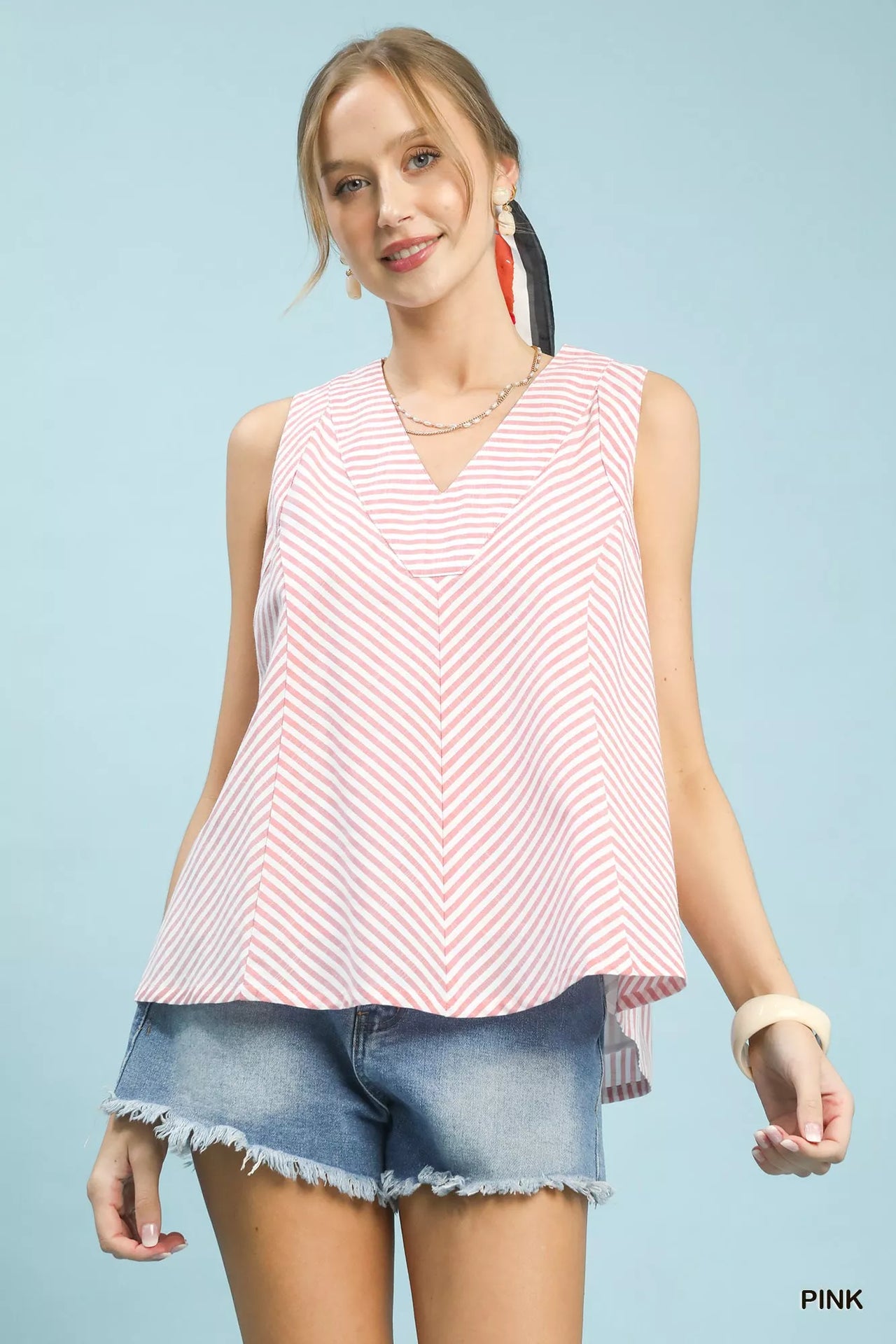 Umgee Mixed Stripe Sleeveless V-Neck Top