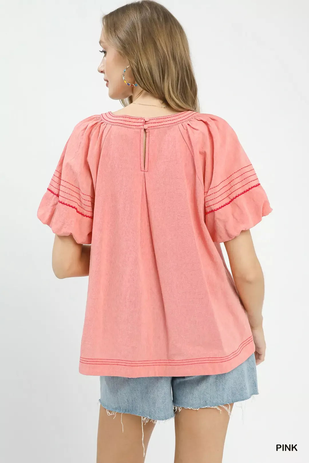 Umgee Round Neck Puff Sleeve Top with Contrast Stitch Detail