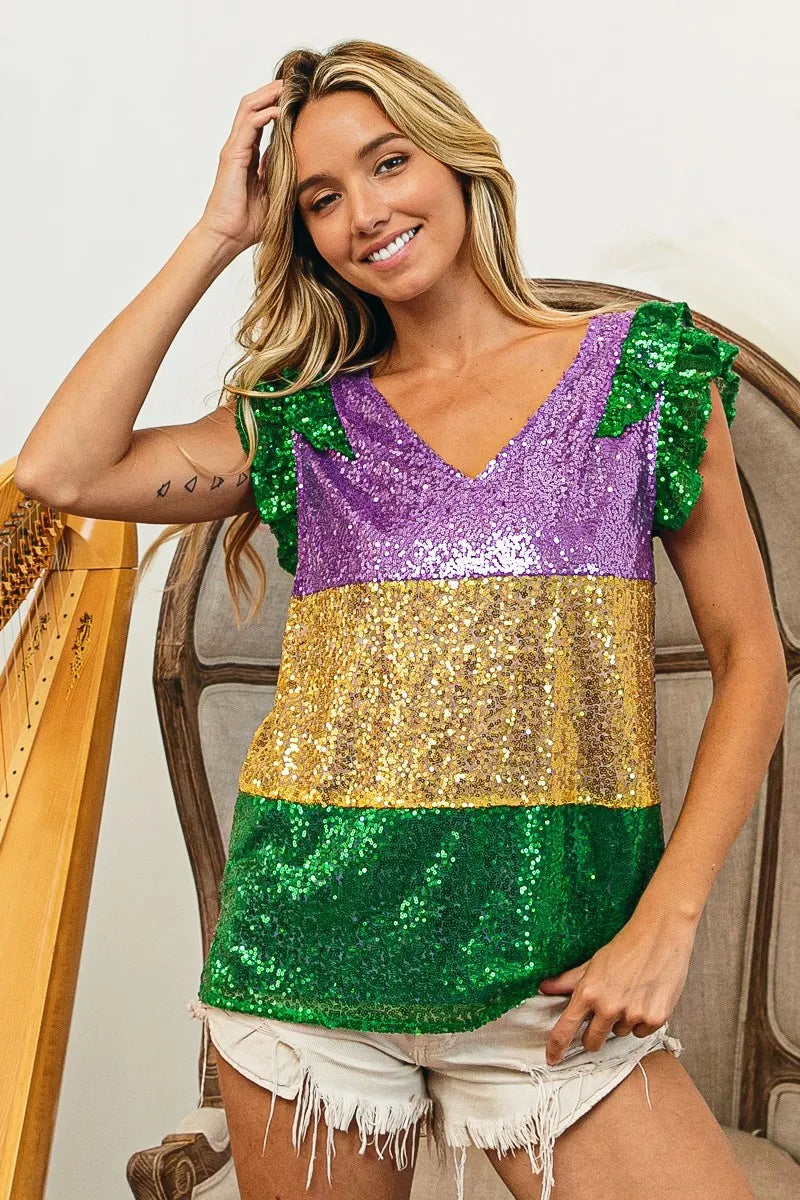 BiBi Mardi Gras Sequin Color Block Ruffled  Top