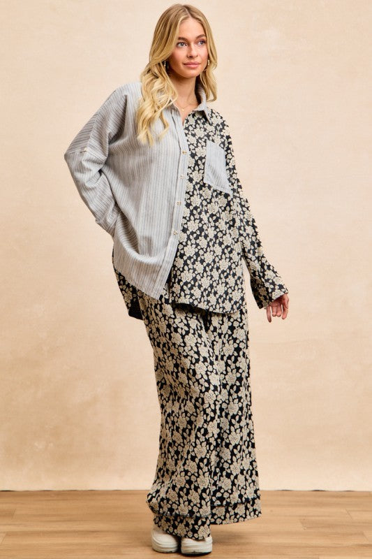 BiBi Stripes Jacquard Floral Mix And Match Shirt Top