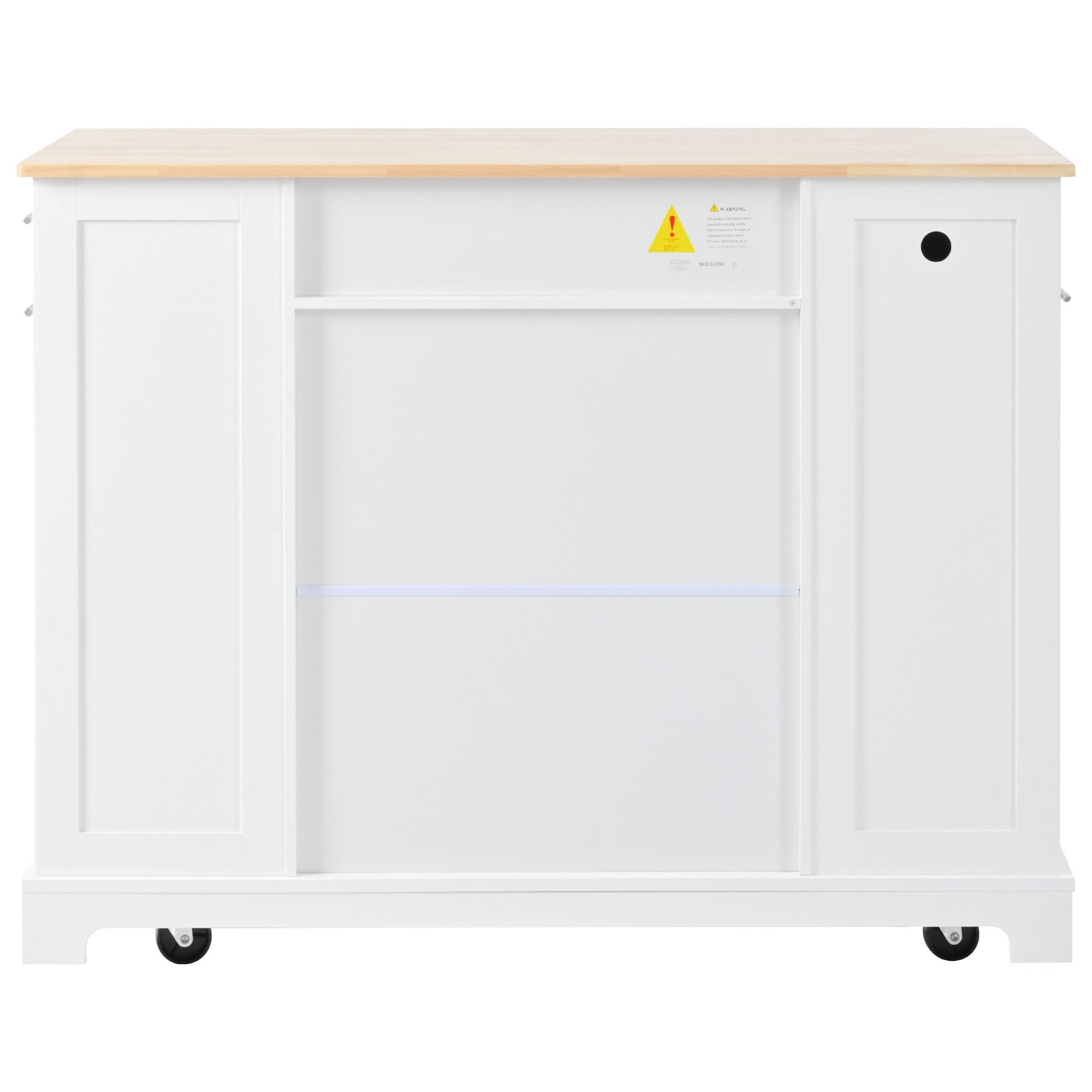 K&K Fluted Kitchen Island with Trash Can Storage Cabinet, Power Outlet, Internal Storage Rack, Rolling Kitchen Islands on 5 Wheels with 3 Drawer, 3 Open Side Racks for 10 Gallon Garbage Bin, White