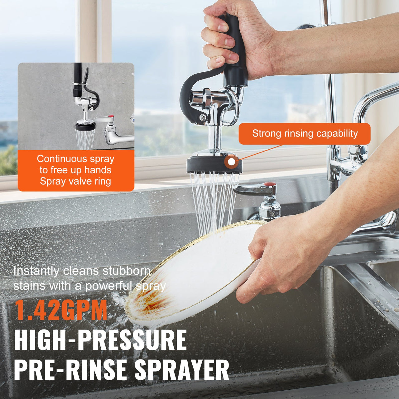 Commercial Faucet with Pre-Rinse Sprayer, 36' Height, 8' Center, 12' Swing Spout, Wall Mount Kitchen Sink Faucet, Brass Constructed Device with Pull Down Spray, for 1/2/3 Compartment Sink
