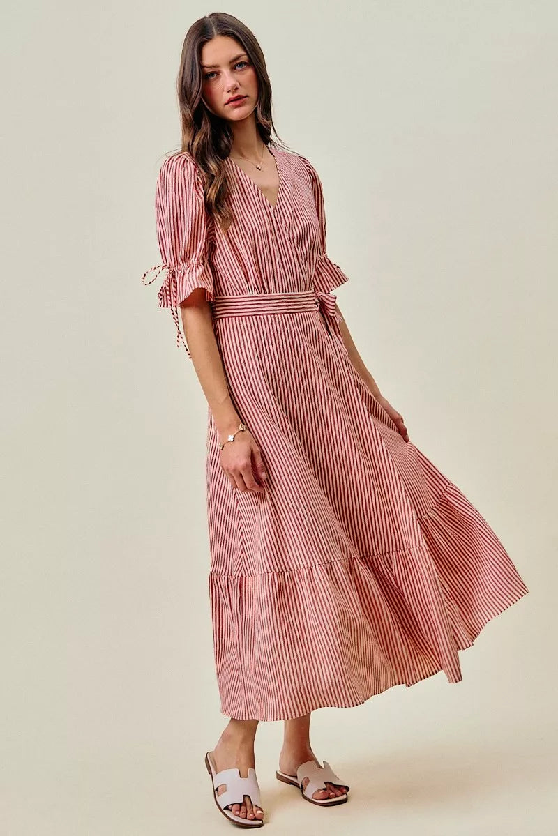 SO ME Stripe Textured Short Sleeves Lined Wrap Midi Dres