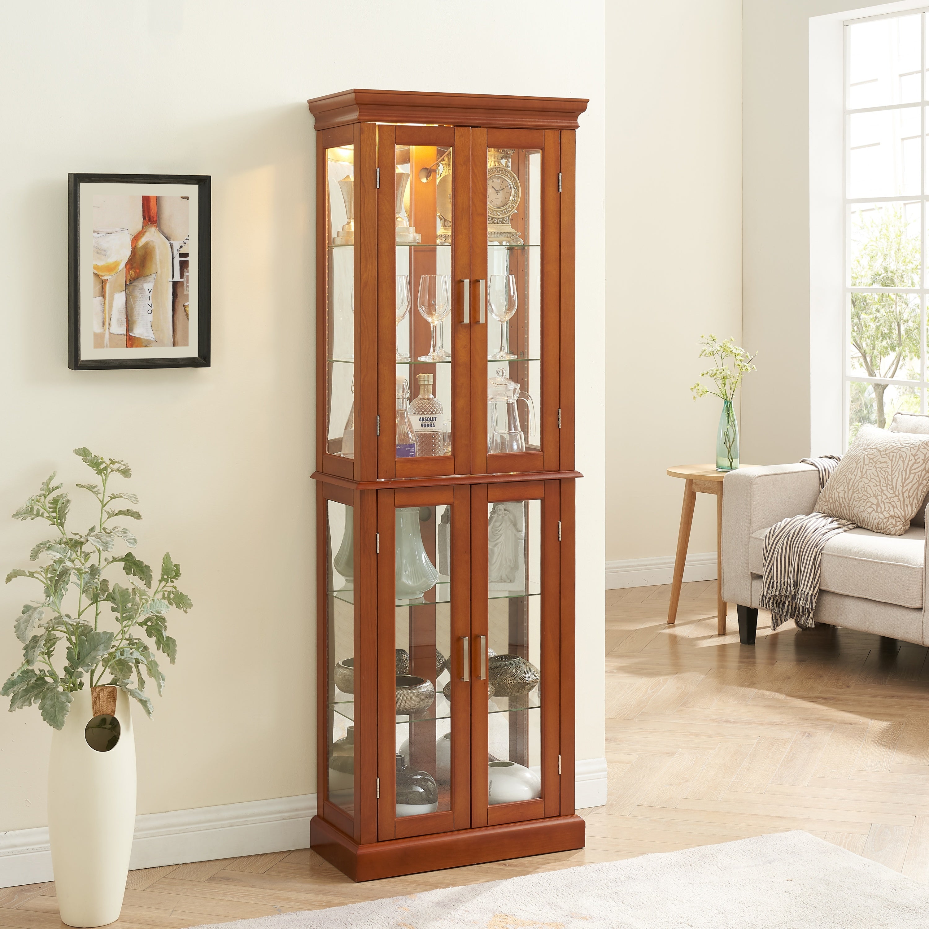 Lighted Curio Cabinet with Adjustable Shelves, Mirrored Back, and Tempered Glass Doors, 6-Tier Walnut Finish