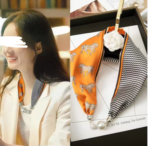 Magnetic Buckle Silk Women Scarf Pearl Necklace (See size chart where applicable)