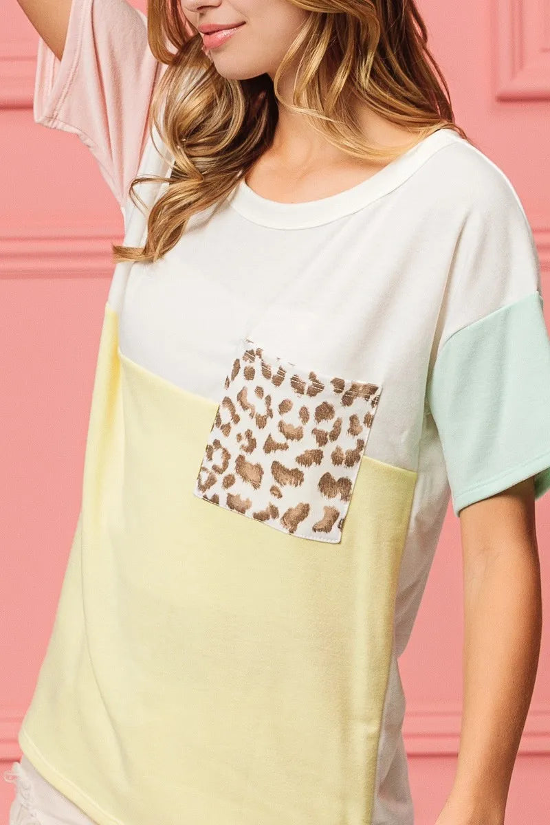 BiBi Leopard Front Pocket Ft Color Block Crew Neck Top
