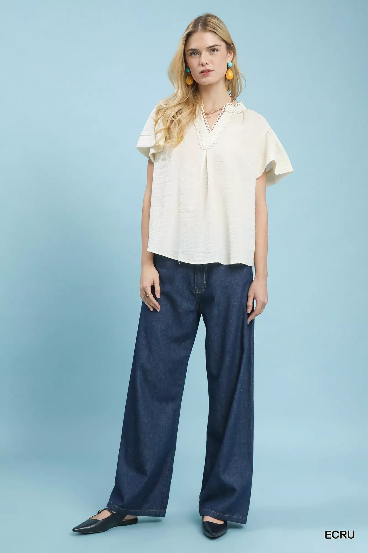 Umgee Seersucker Short Sleeve Top with Lace Trim