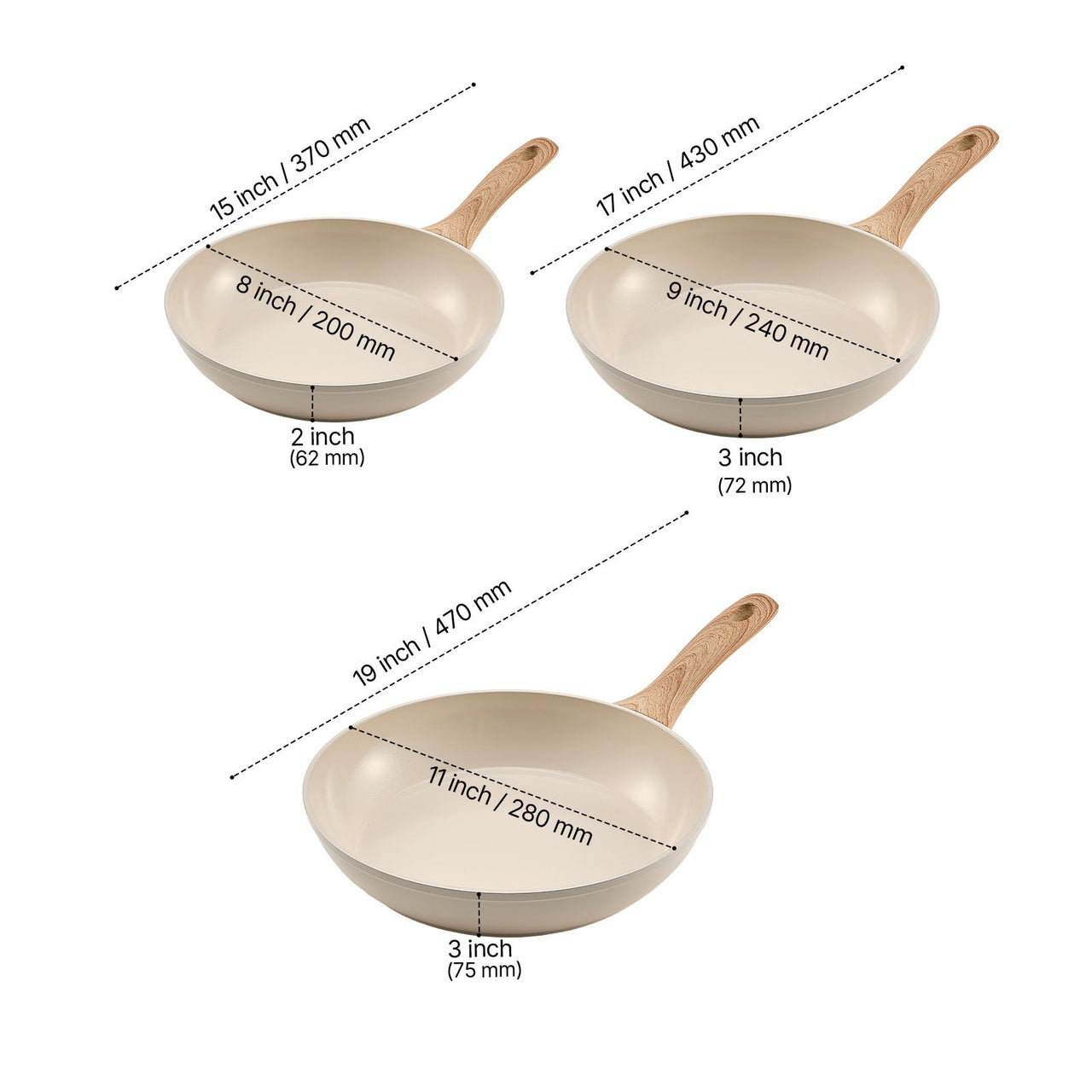 3 Piece Frying Pan Aluminum Skillet Set 8 9.5 11 in Handle Pre-Seasoned Beige