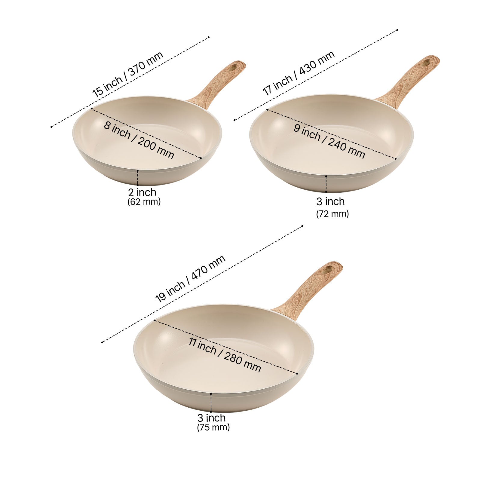 3 Piece Frying Pan Aluminum Skillet Set 8 9.5 11 in Handle Pre-Seasoned Beige
