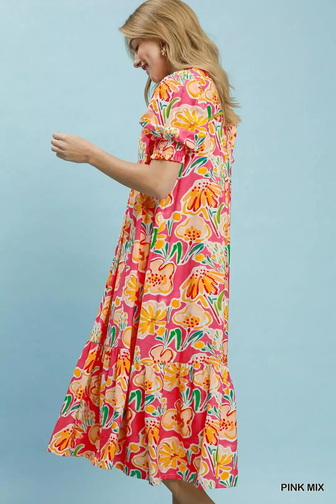 Umgee Floral Print Puff Sleeve Tiered Midi Dress