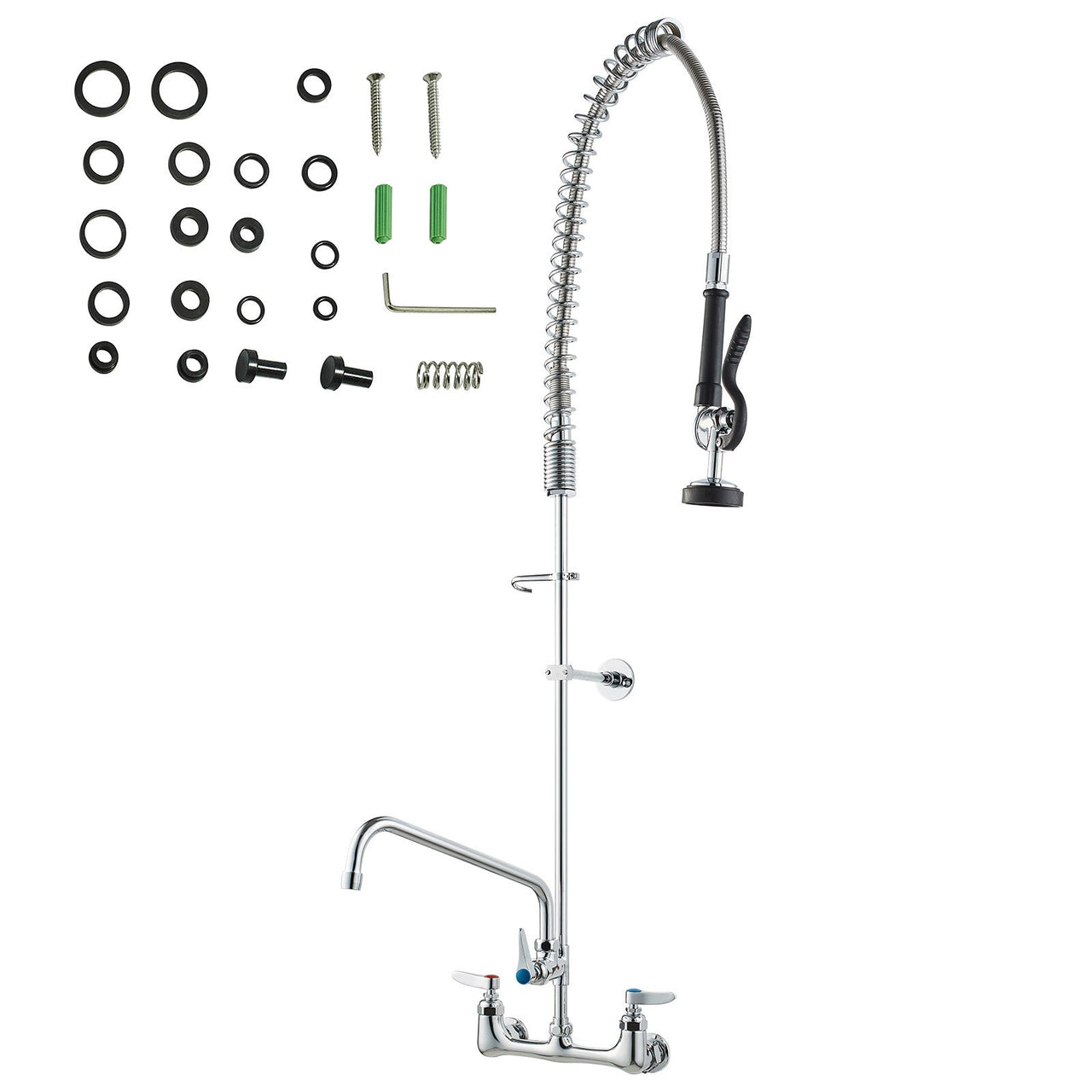 Commercial Faucet with Pre-Rinse Sprayer, 47' Height, 8' Center, 12' Swing Spout, Wall Mount Kitchen Sink Faucet, Brass Constructed Device with Pull Down Spray, for 1/2/3 Compartment Sink