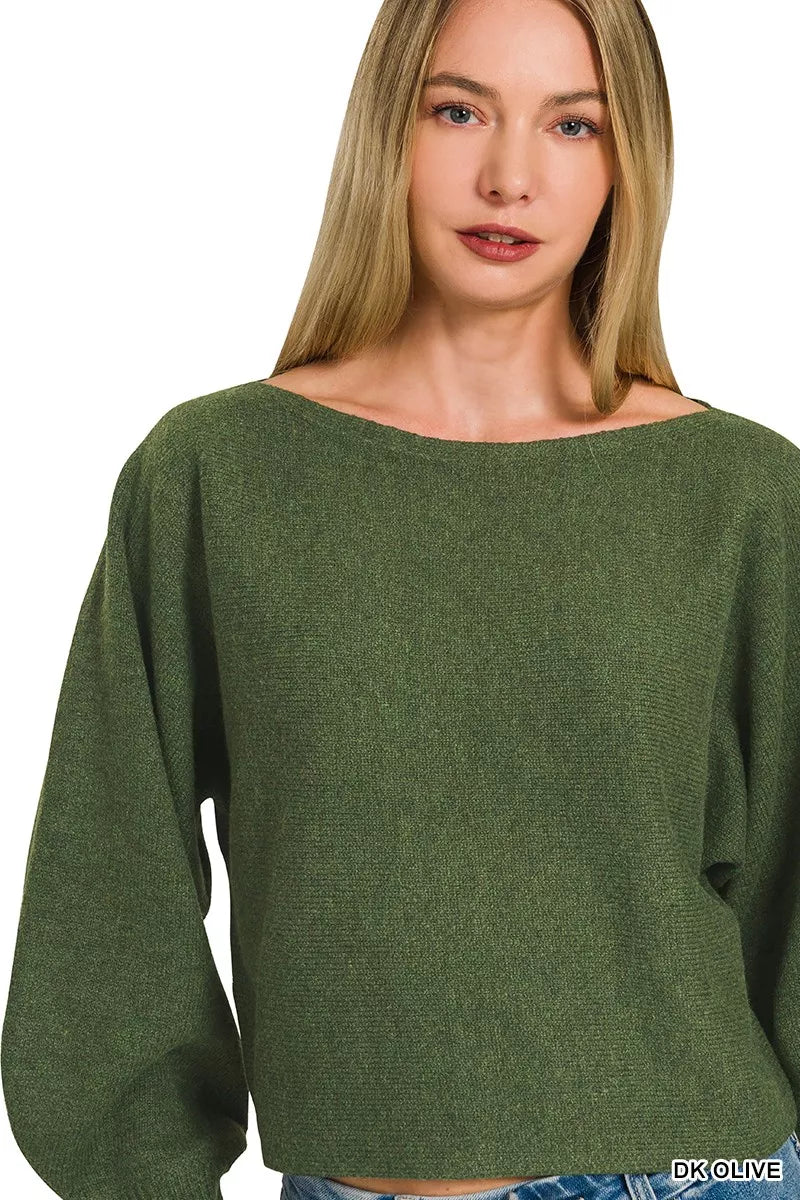 Zenana Boat Neck Balloon Sleeve Sweater