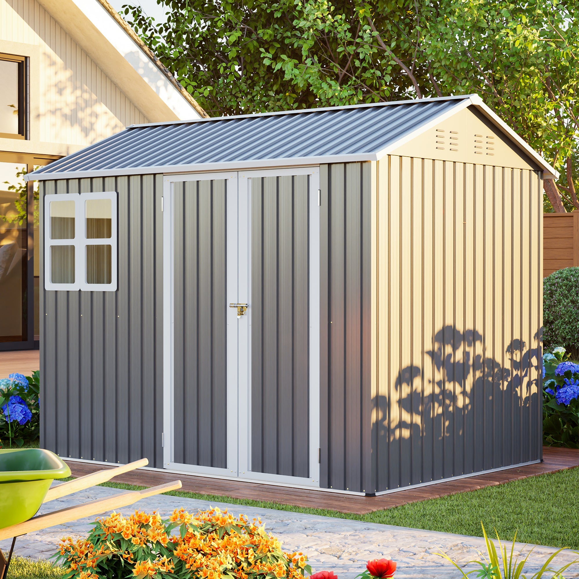 8'x6' Large Steel Storage Shed with Window, Lockable Doors & Sloped Roof, Heavy Duty Outdoor Tool Shed for Garden, Patio, Backyard, Lawn - Dark Gray