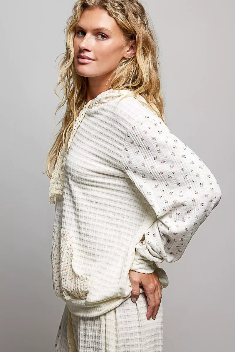 POL Mixed Knit Contrast Print Sleeve Hoodie with Kangaroo Pocket