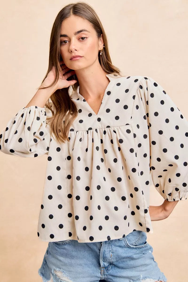 BiBi Polka Dot Corduroy Quarter Sleeves V Neck Blouse