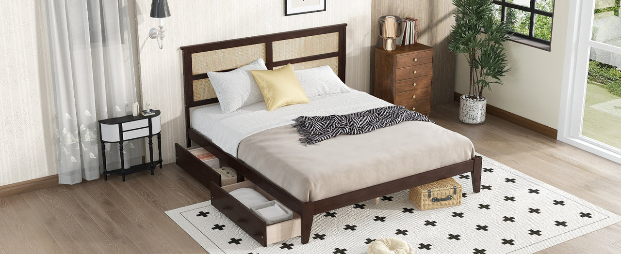 King Size Bed with Rattan Headboard, Two Storage Drawers, Rubber Wood Bed with Enhanced  Support Salts and Feet,Espresso