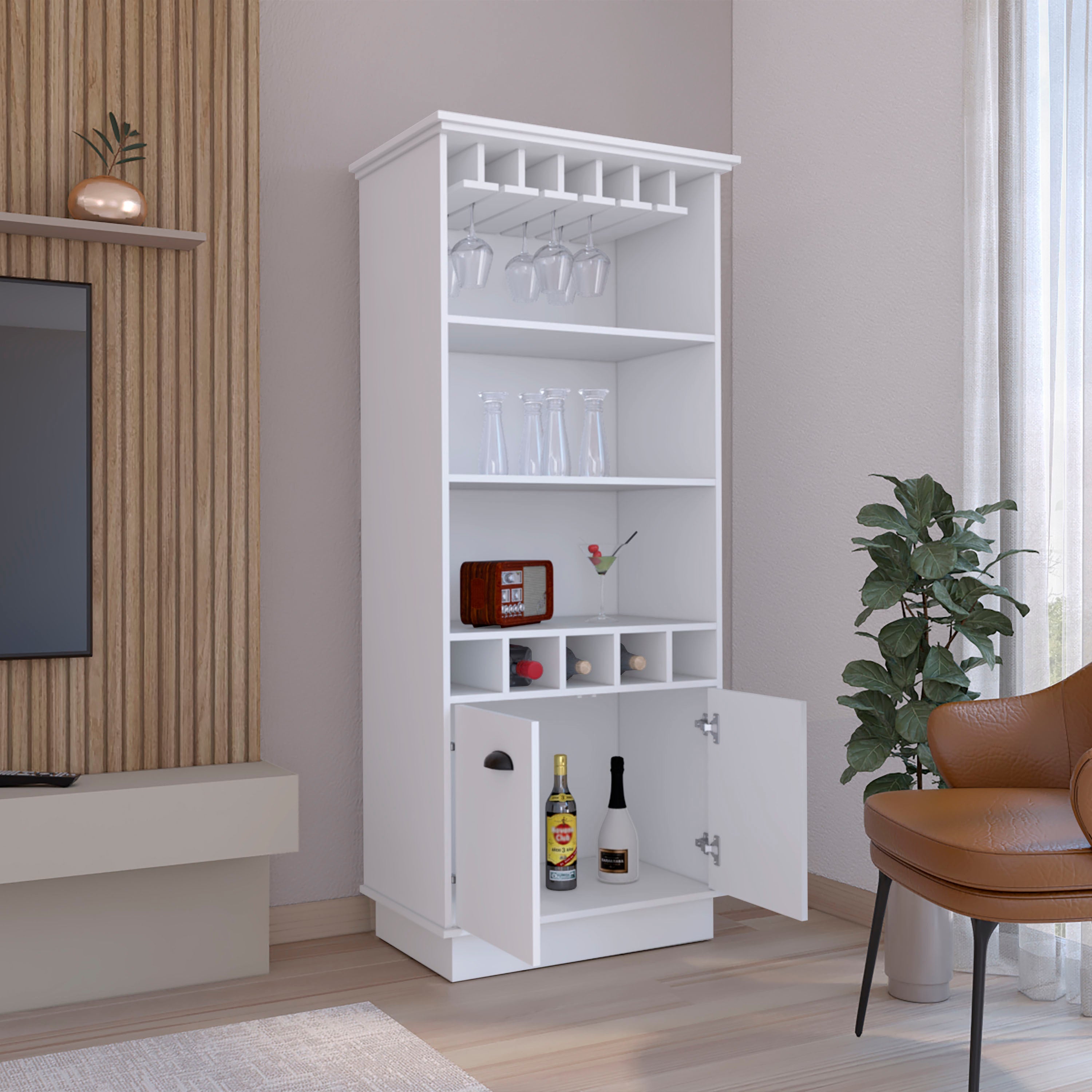 70'H Bar Cabinet with Wine Rack, Upper Glass Cabinet, three Open Storage Shelves and One Cabinet,White
