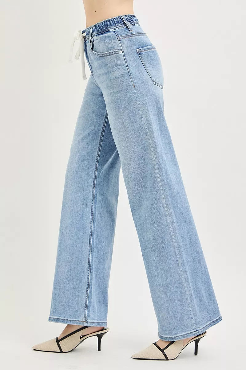 RISEN Elastic Band Slouchy Wide Jeans with Drawstring