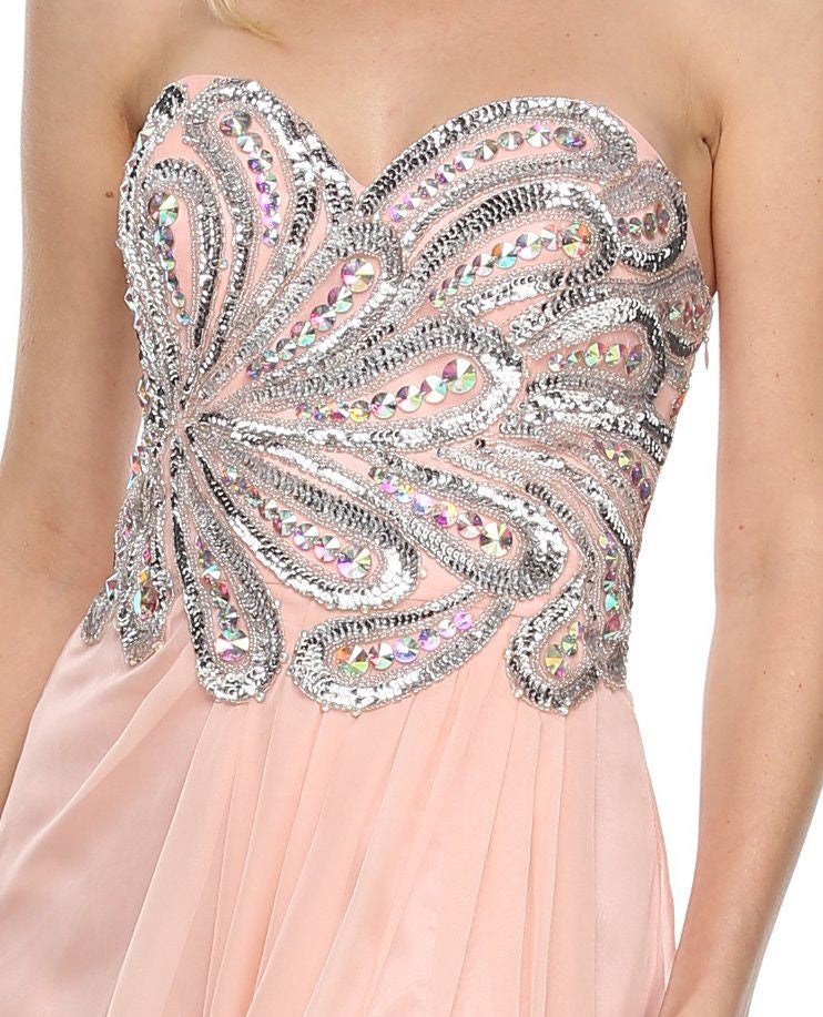CLEARANCE - Juliet 548 Beaded Bodice Long Strapless Thigh Slit Formal Gown