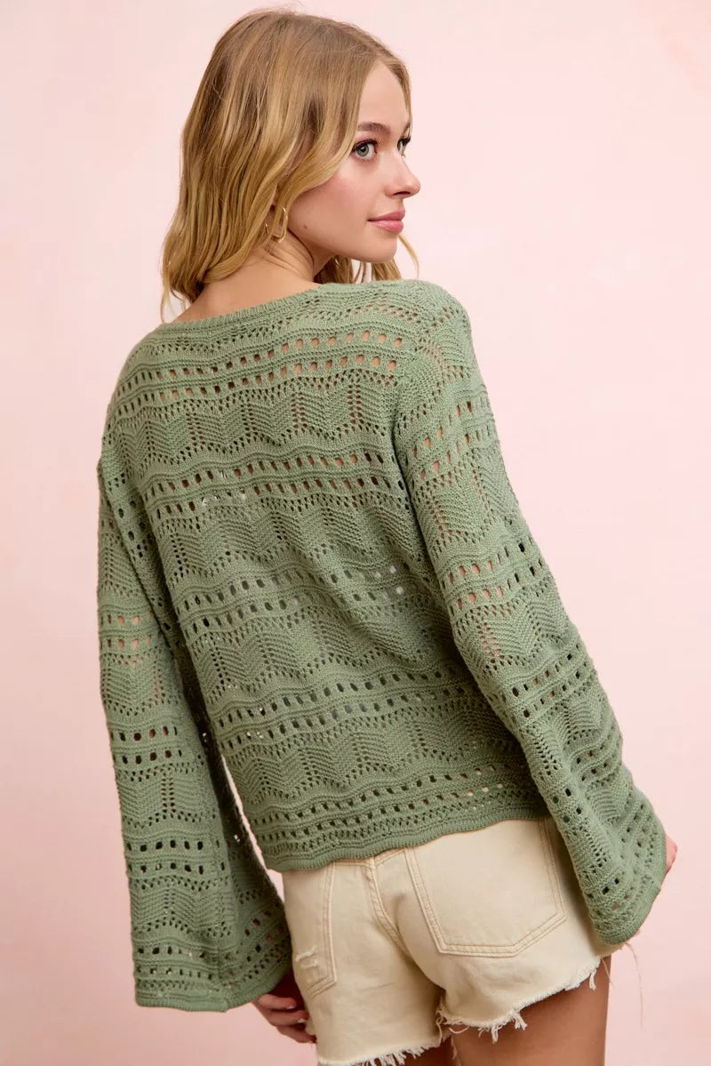 BiBi Pointelle Knit V Neck Ruched Front Lightweight Top