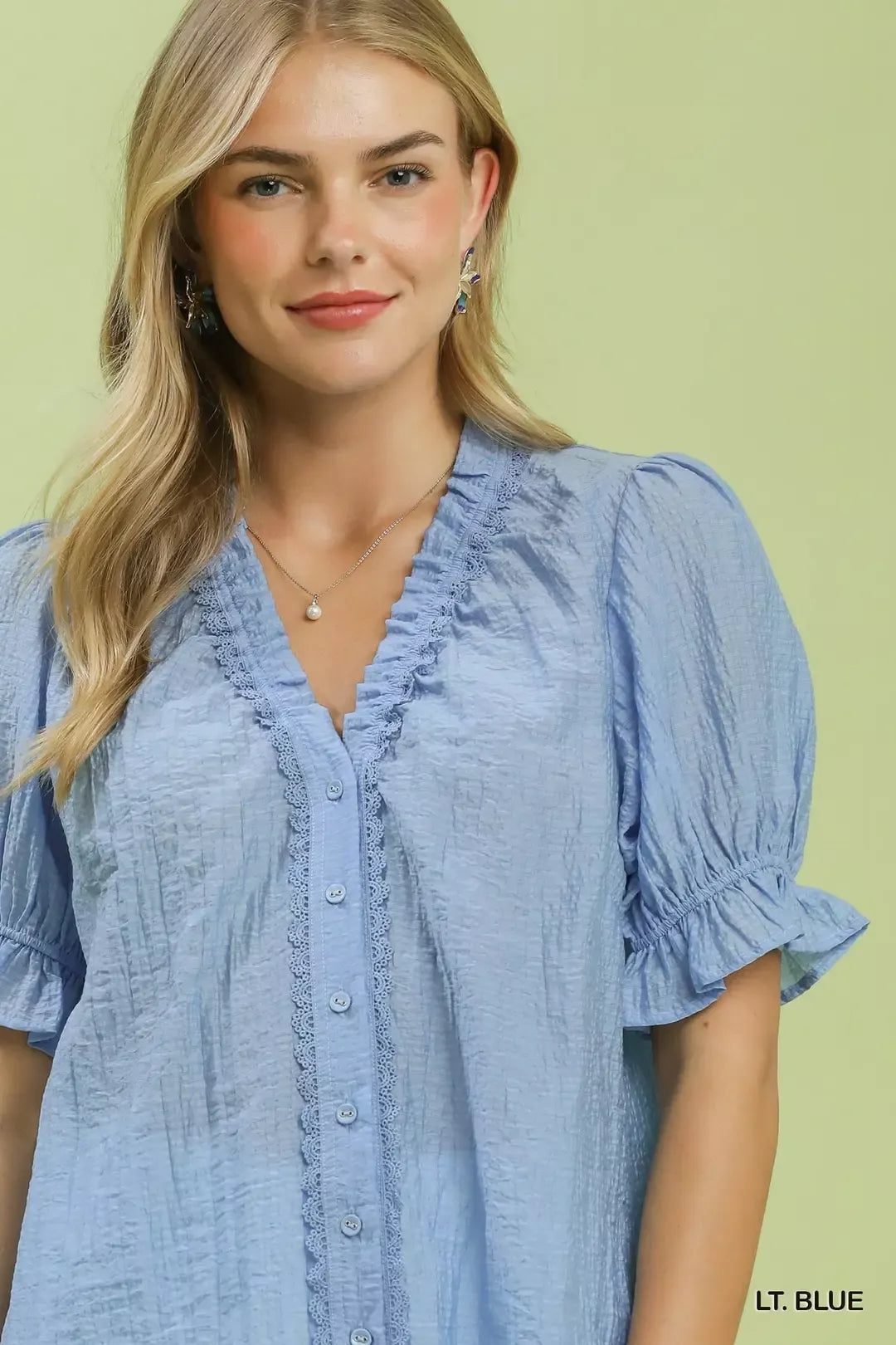 Umgee Textured Button-Front Puff Sleeve Top