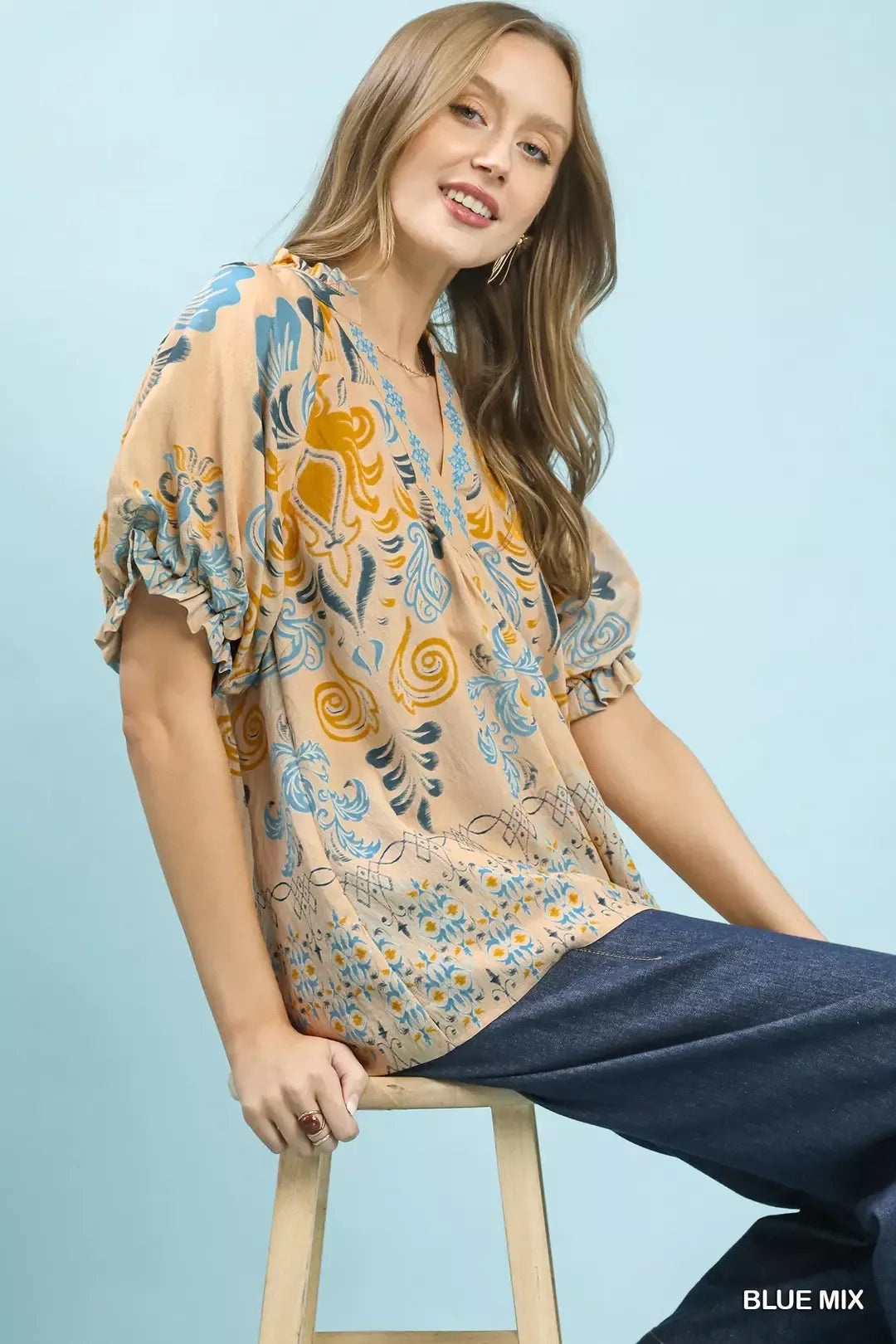 Umgee Border Print Puff Sleeve V-Neck Blouse